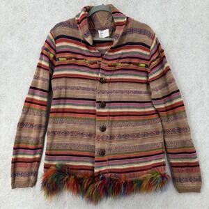 Shades of Grey Cardigan Sweater Womens MED Colorful Striped Linen‎ Feathers Boho